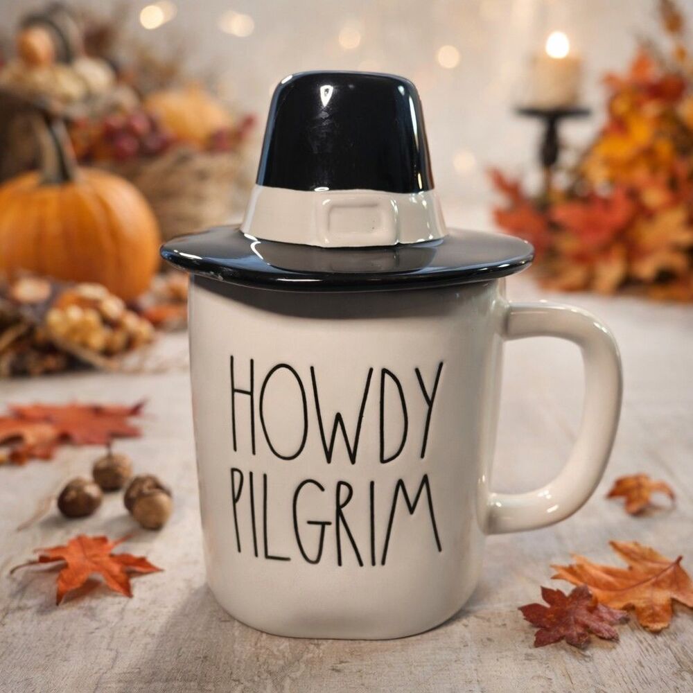 Rae Dunn “HOWDY PILGRIM” Thanksgiving Mug w/ Pilgrim Hat Lid Farmhouse Fall...